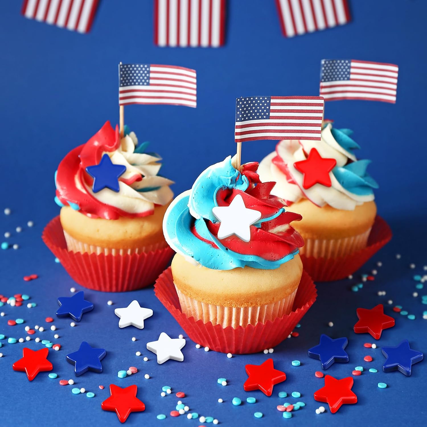CroBlissful 60 Pcs Red White Blue Star Vase Bowl Table Filler Mini Resin Patriotic Star 4th of July Decor for Craft Cutouts Tiered Tray Vase Bowl Table Decor for Independence Day Ornament, 1.18''