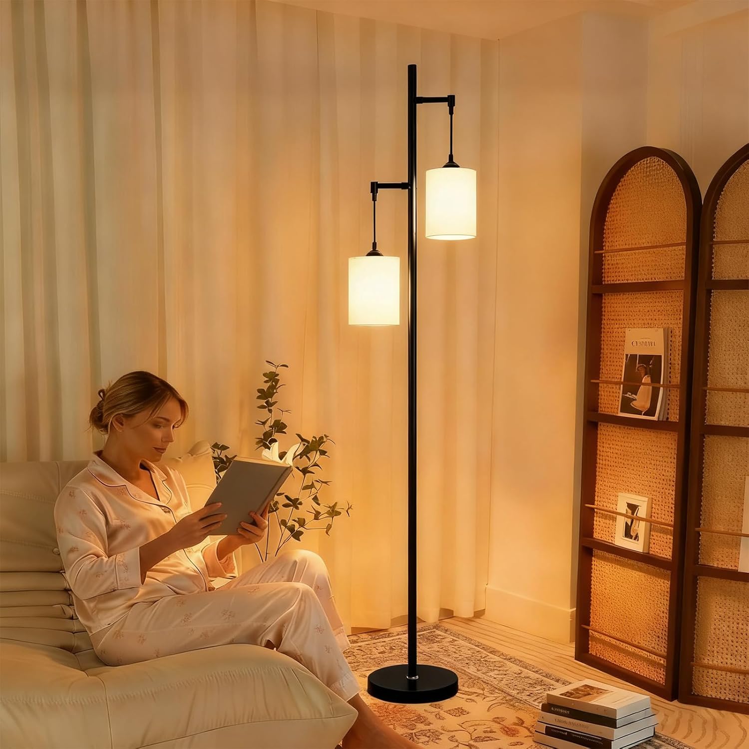 Lightdot 65IN Black Floor Lamp for Living Room, Industrial 2-Light Tree Floor Lamps with Linen Shade, Mid Century Modern Standing Tall Lamp for Bedroom/Sofa Beside/Corner Decor-Black(Bulb Included)