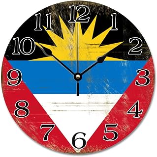 Antigua and Barbuda Flag Wall Clock Antigua and Barbuda Tourist Attraction 10 Inch Wooden Wall Clocks Battery Operated Travel Hanging Clock for Bedroom Living Room Farmhouse Wall Decor