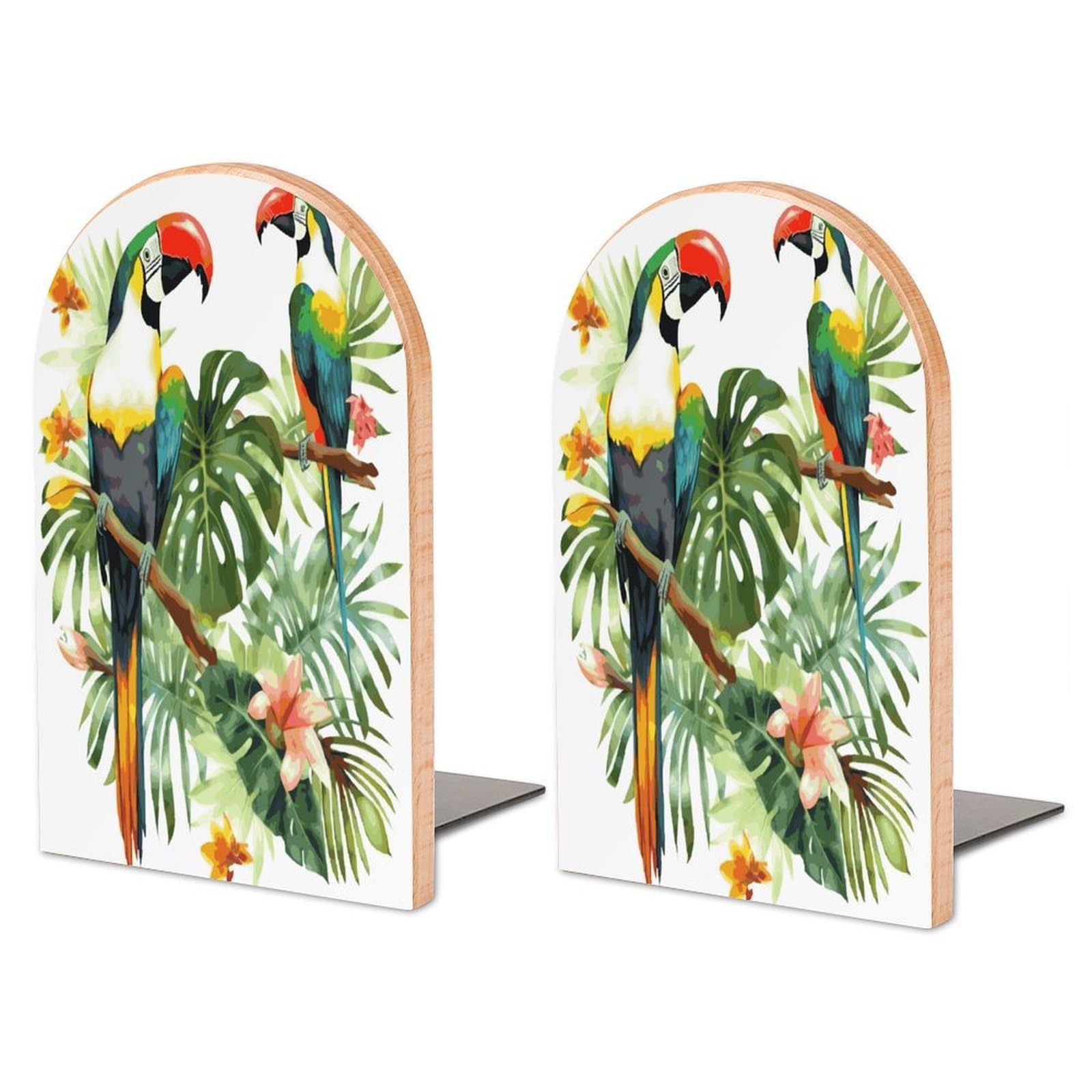Large Toucans Parrot Palm Tree Leaves Book End with Metal Base Fashion Heavy Duty Bookend Exquisite Wooden Bookends Non-Skid Book Stopper for Shelves Books Organizer for Office Home 1 Pair