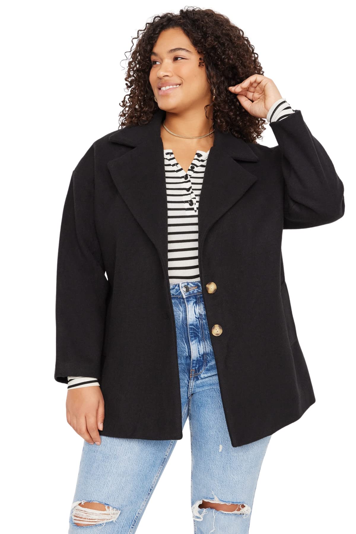 Trendyol Damen Schwarz Gerade Lange Ärmel Regulär Mantel In Plus Size