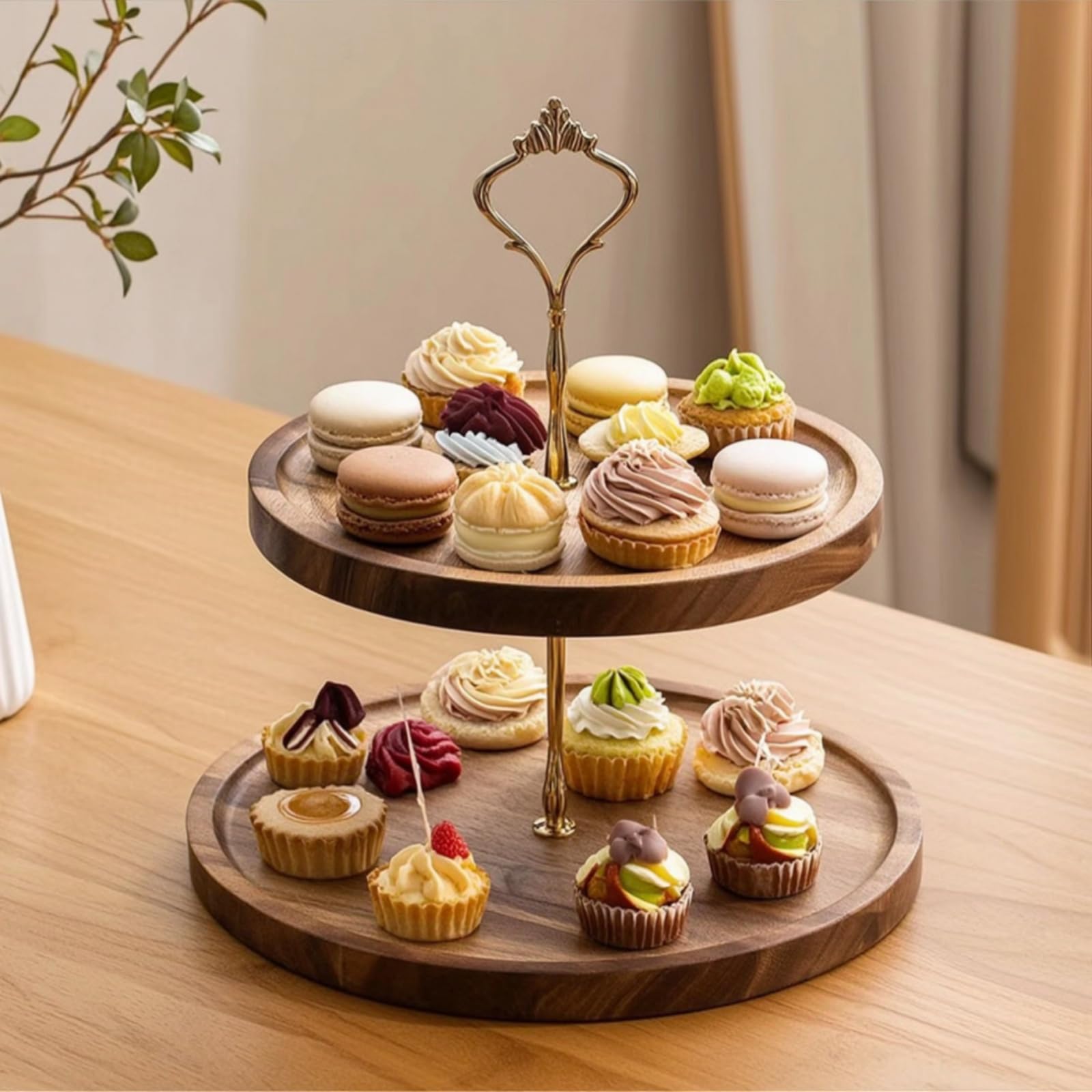 Alzata a 2 Piani Rustico Alzata in Legno con Manico Semplice Espositore da Tavolo per nti Del Tè, Tavola, Pasticceria, Caffetteria , Nero , Grande+Media