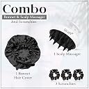 GLUN® Anti-Dandruff Round White Scalp Massager with Zed Black Bonnet Cap with 3 Satin Scrunchies Combo, Treatment Accessories, Shampoo Brush Super Soft Bristles, Bonnet Cap Prevents Hair Breakage, Ideal for Curly & Natural Hair gallery image
