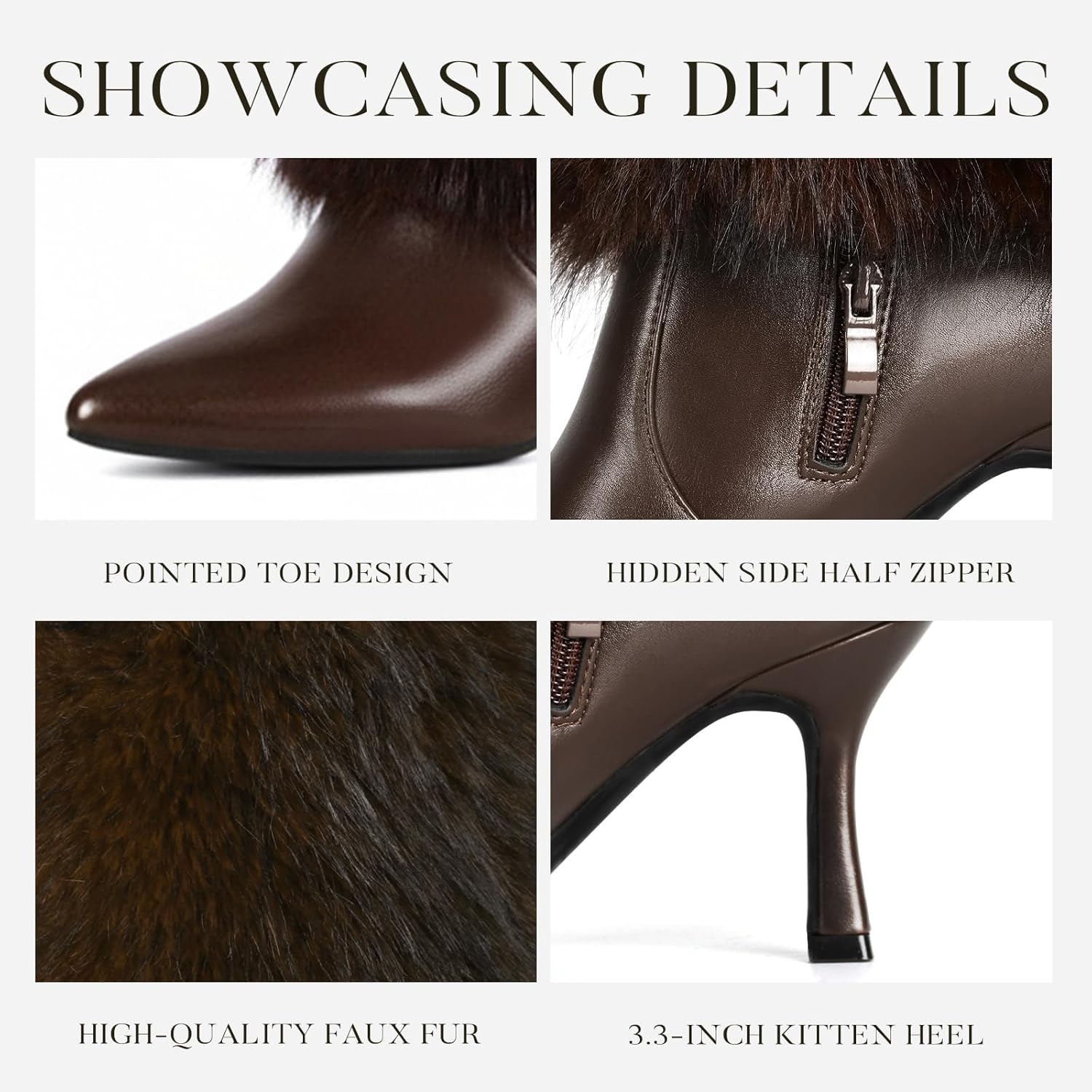 Womens 3.3-inch Kitten Heel Knee High Fur Boots Furry Fuzzy Fluffy Pointed Toe Boots for Women Tall Wide Calf Fall Winter Snow Fold Over Boot with Side Zipper - Image 4