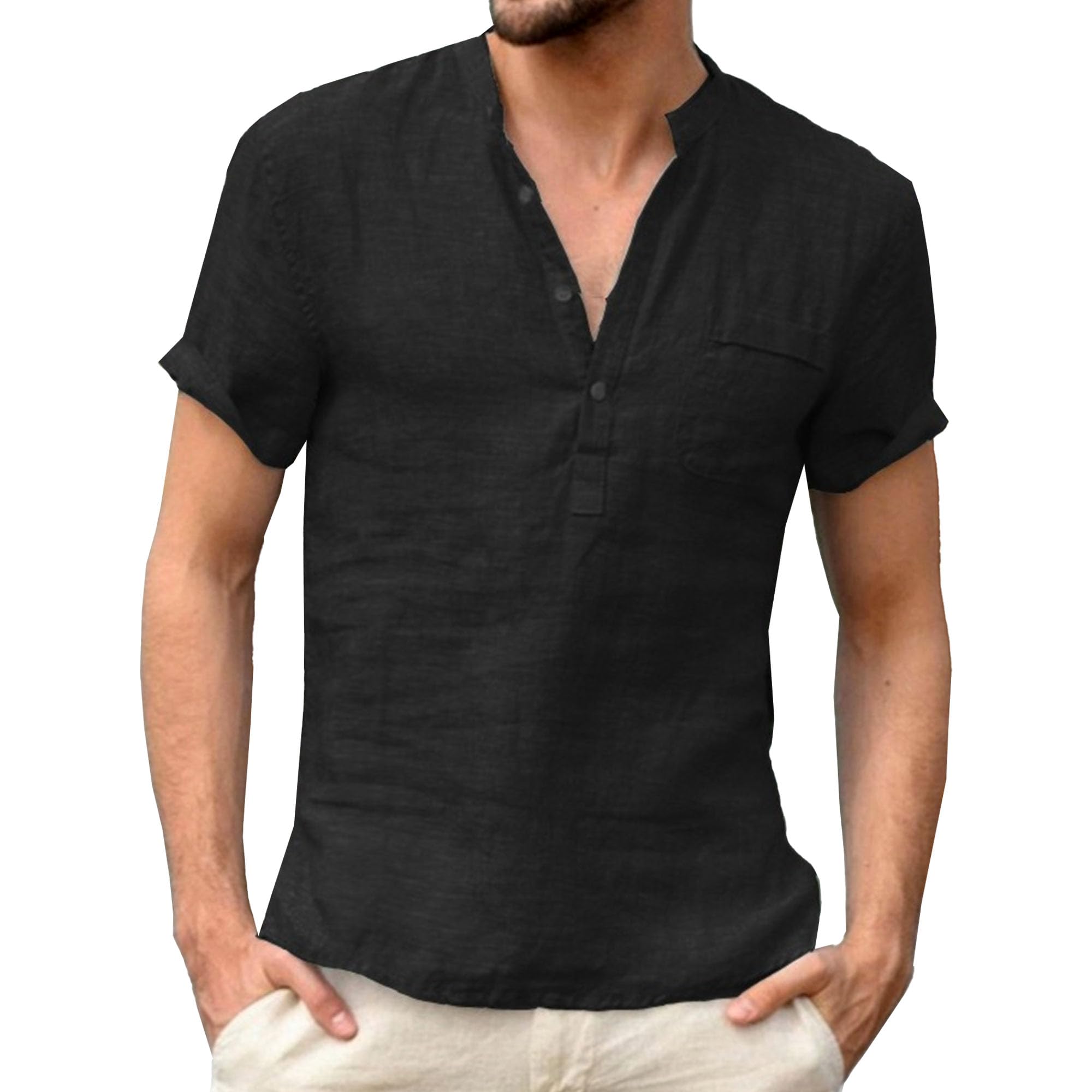 Men Solid Simple Short-Sleeved Shirt Stand Collar Button Semi-Cardigan Summer Street Cool Slim Thin T Shirts (Black,Small)