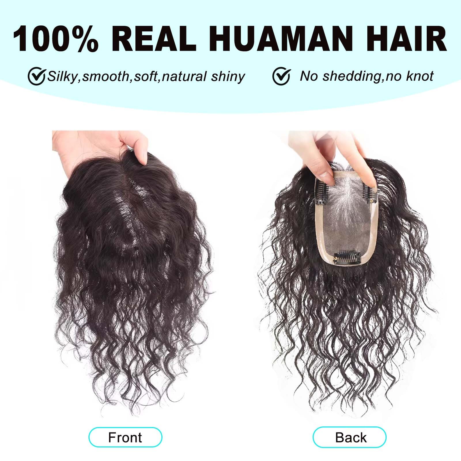 25 cm lockiges Haarteil für Damen, Echthaar, 7,9 x 11,9 cm, atmungsaktive, handgefertigte Mono-Spitzenbasis, Clip-in-Haarteil für Damen, dunkelbraun, für dünnes Haar