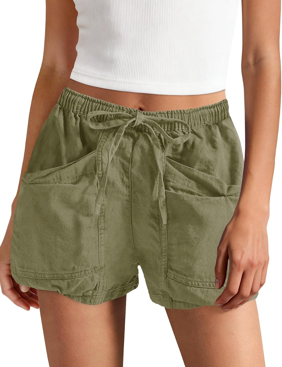 Panadila Womens High Waisted Linen Shorts Drawstring Cargo Shorts Casual Summer Beach Vacation Clothes with Pockets