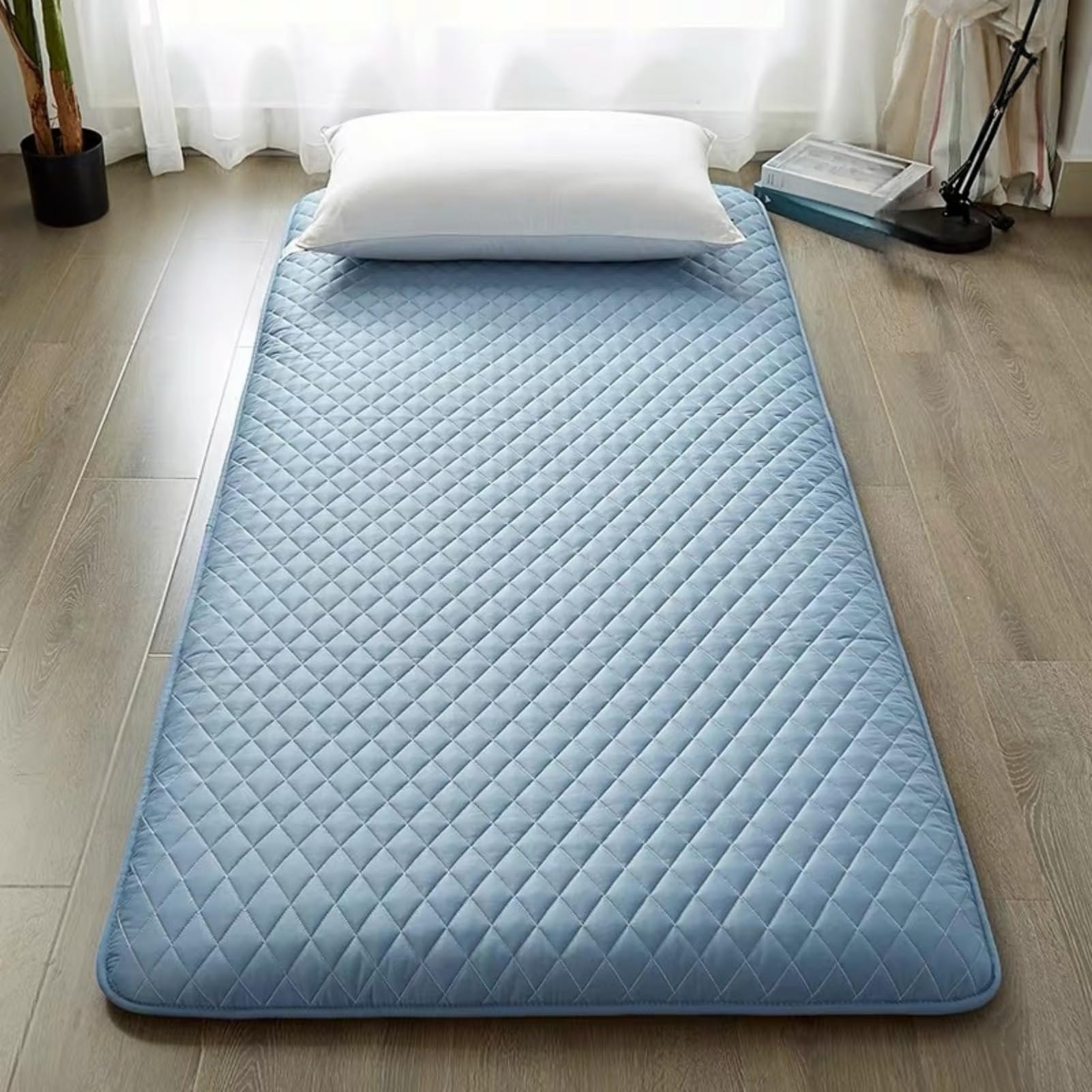 Materasso futon giapponese, 90 x 200 cm, morbido e portatile, pieghevole, per casa e viaggi, design salvaspazio con rivestimento blu per il massimo comfort