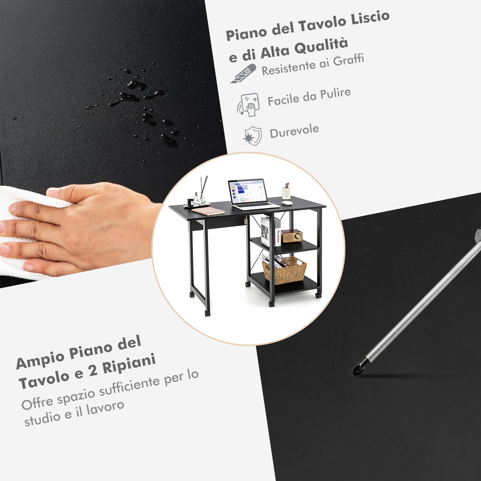 COSTWAY Scrivania Pieghevole per Computer, Scrivania Moderna con 2 Mensole, Postazione di Lavoro per PC con 6 Ruote, Scrivania Compatta Salva Spazio per Casa Ufficio, Marrone (Nero)