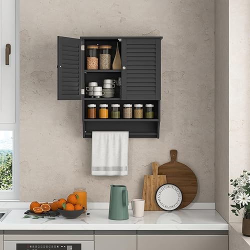 Miniatura 4 de Tangkula Armario de baño montado en la pared con estante abierto y barra, botiquín con puertas de doble rejilla, armario de almacenamiento de pared