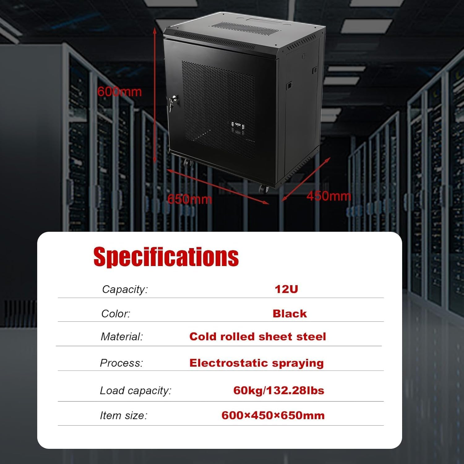 12U Armadio di Rete 19 Pollici Armadio per Server Rack Con Ruote | Rack IT da 19", Profondità 450mm, Porta e Pareti Laterali Chiudibili a Chiave, Porta Forata Per Apparecchi IT E Audio Video