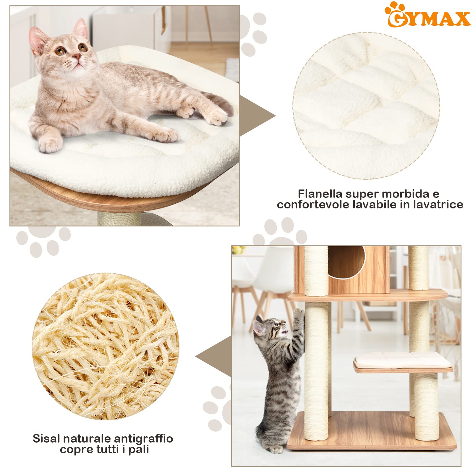 GYMAX Tiragraffi per Gatti, 86,5 x 86,5 x 176 cm, Carico 15 kg, Tronchi in Sisal, Cuscino Rimovibile Lavabile, Ideale per Gatti Grandi Adulti (Beige)