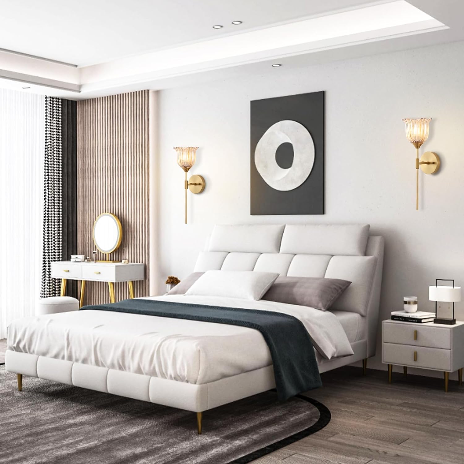 Gold Wall Sconce Set of 2 with Amber Glass Shades Modern Mid Century Bathroom Vanity Wall Light Fixtures Industrial Brushed Brass Wall Lamp for Bedroom Mirror Living Room Restaurant