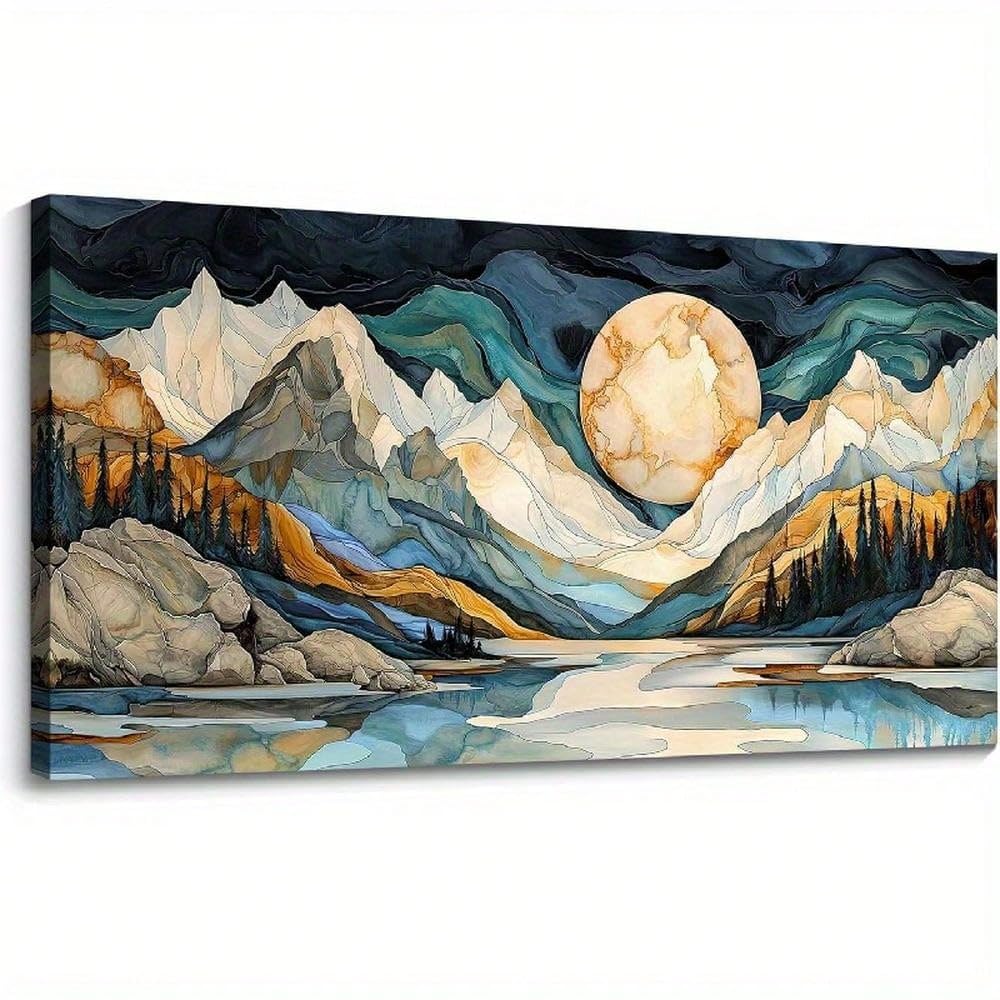 SPXLUCAU Large Abstract Mountain & Moon Canvas Wall Art - Textured Autumn Landscape Print With Warm Earth Tones, for Living Room(55x110cm/No frame)