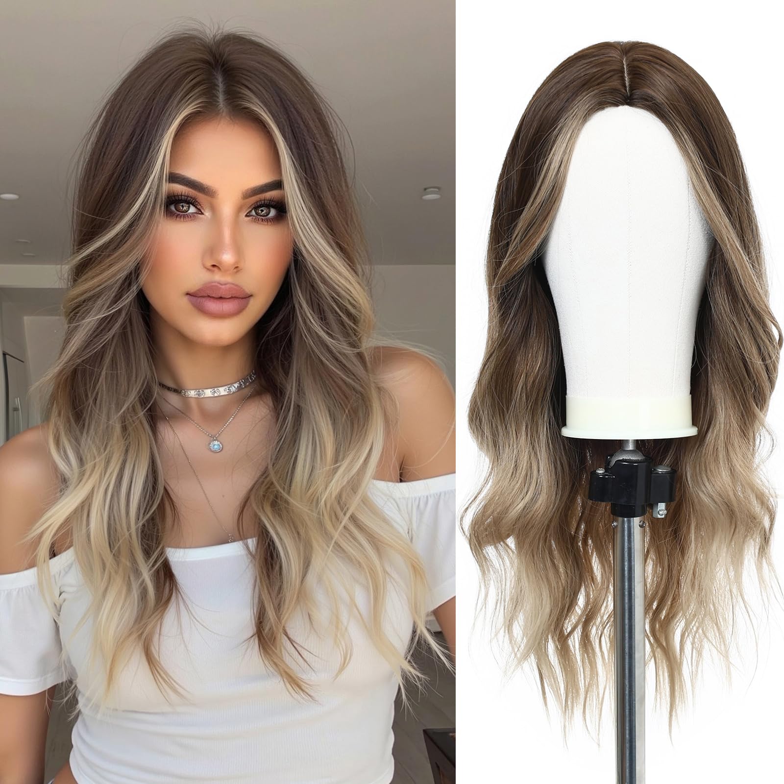 Esmee Long Wavy Ombre Brown to Light Brown Synthetic Hair Wigs for Women Medium Pitch Brown Wigs for Daily Party Cosplay Use-24 Inches