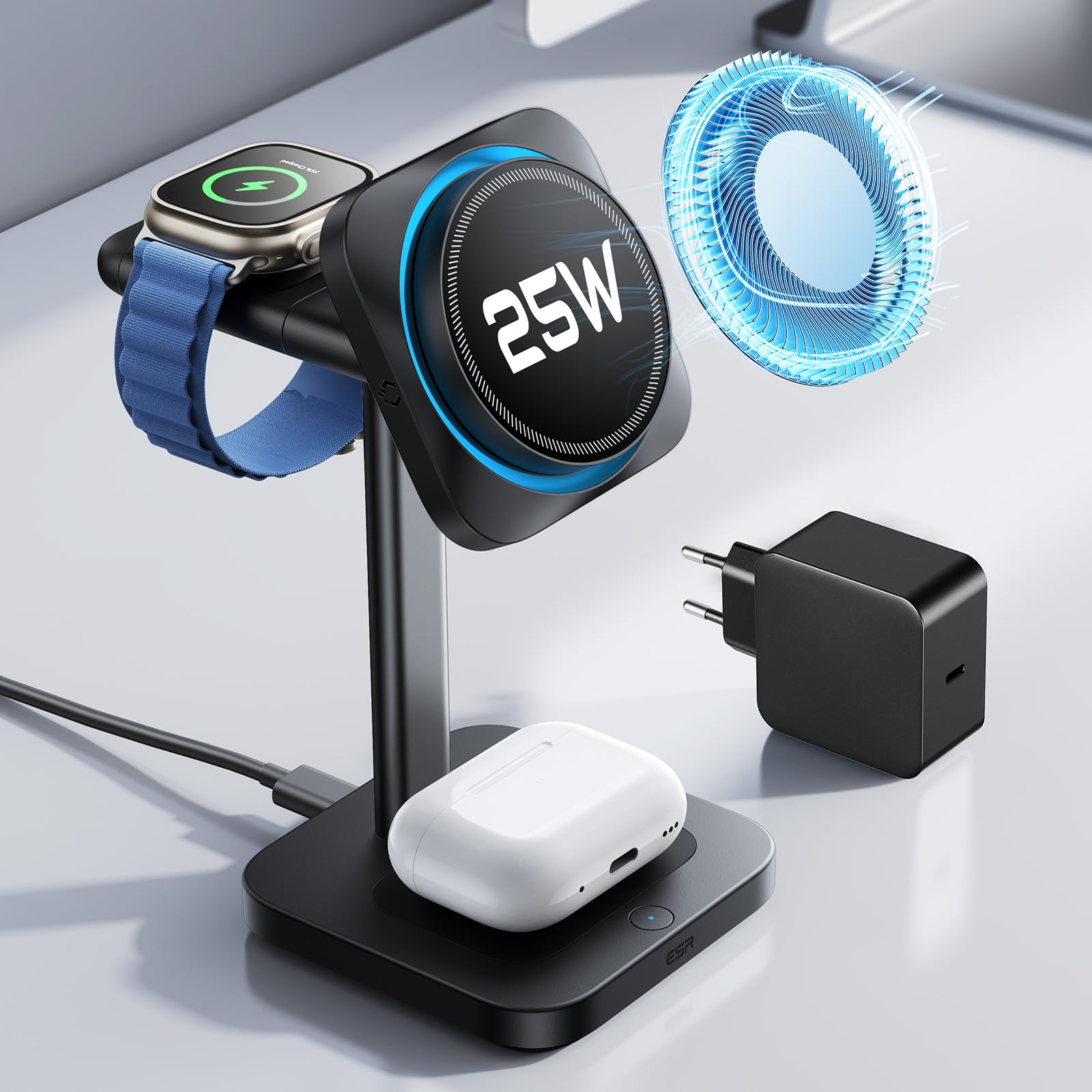 ESR Estación de Carga 3 en 1, Certificación Qi 2.2, MagSafe 25 W y CryoBoost, Carga Rápida con Refrigeración para iPhone 16/15/14/13/12, AirPods y Apple Watch, Negro | 25W y CryoBoost, Cargador Inalámbrico Rápido Stand Magnético para iPhone 16 con iOS 26,