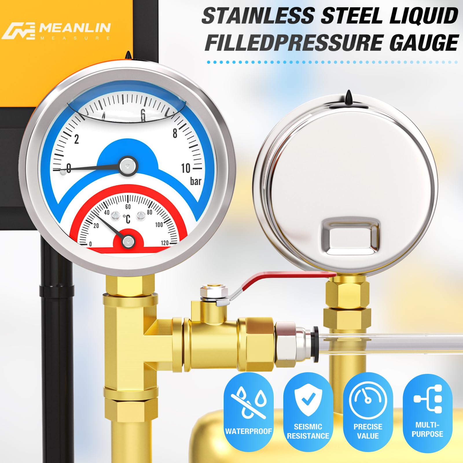 MEANLIN MEASURE 0~10 BAR/150PSI Manomètre thermique en acier inoxydable 0~120℃ Manomètre à liquide 1/4"BSP 2.5" FACE DIAL, avec douille hexagonale 1/2" BSP et 3/8" BSP, montage inférieur