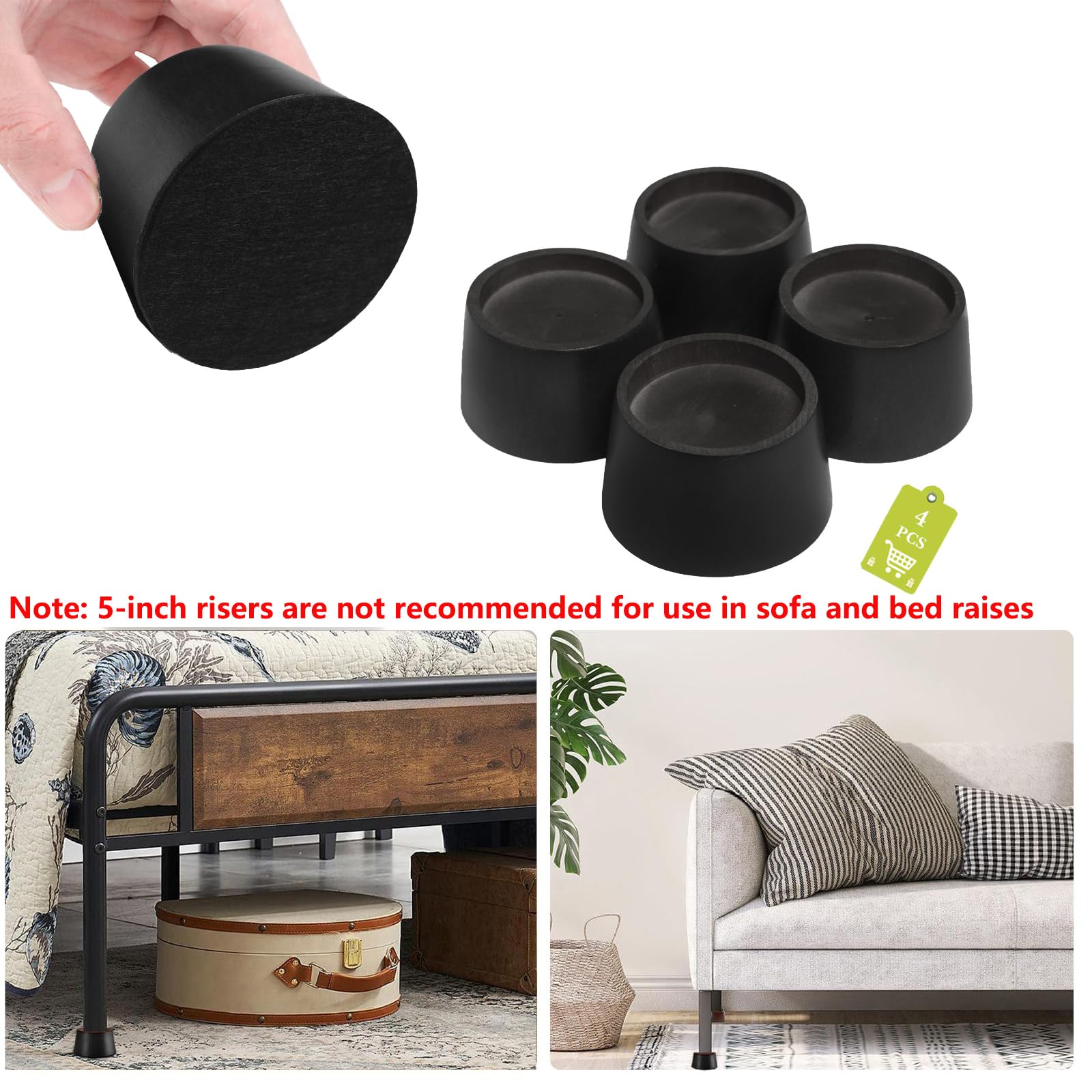 Snapklik.com : Txcucc Wooden Black Furniture Risers 4 Inch Tapered Bed ...