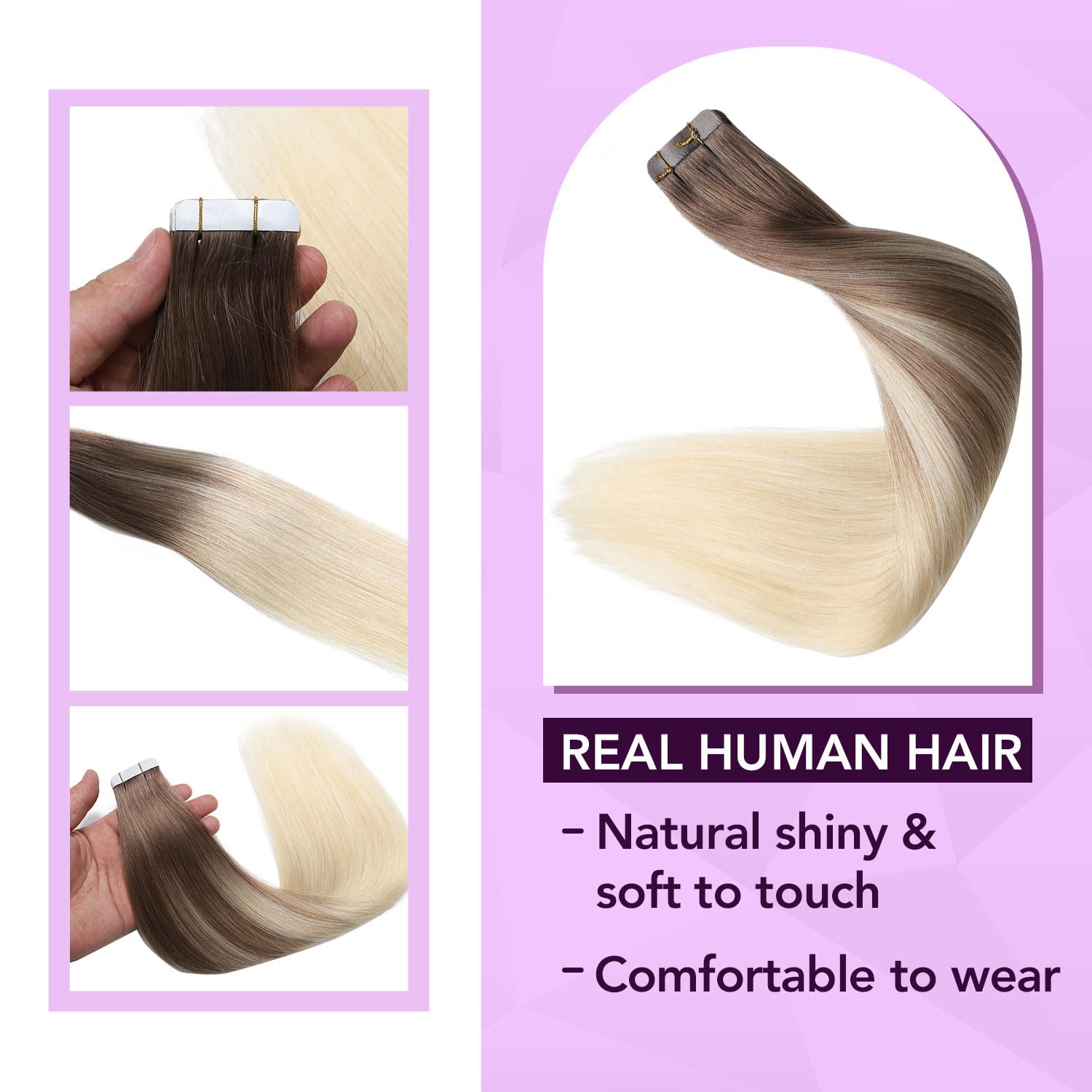 Sindra Tape in Hair Extensions Human Hair 20Inch 50Gram 20PCS Ash Brown to Platinum Blonde Straight Remy Human Hair Tape in Extensions Seamless Hair Extensions (#8/60 20IN)