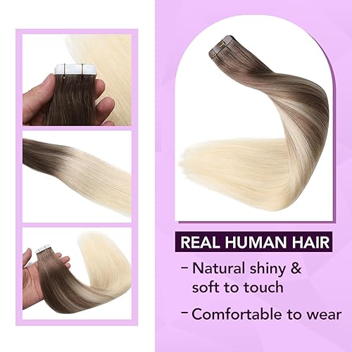Miniatura 3 de sindra - Extensiones de cabello humano con cinta, 20 pulgadas, color marrón chocolate y rubio caramelo, 20 piezas, 1.76 oz (#4P27, 20 pulgadas)