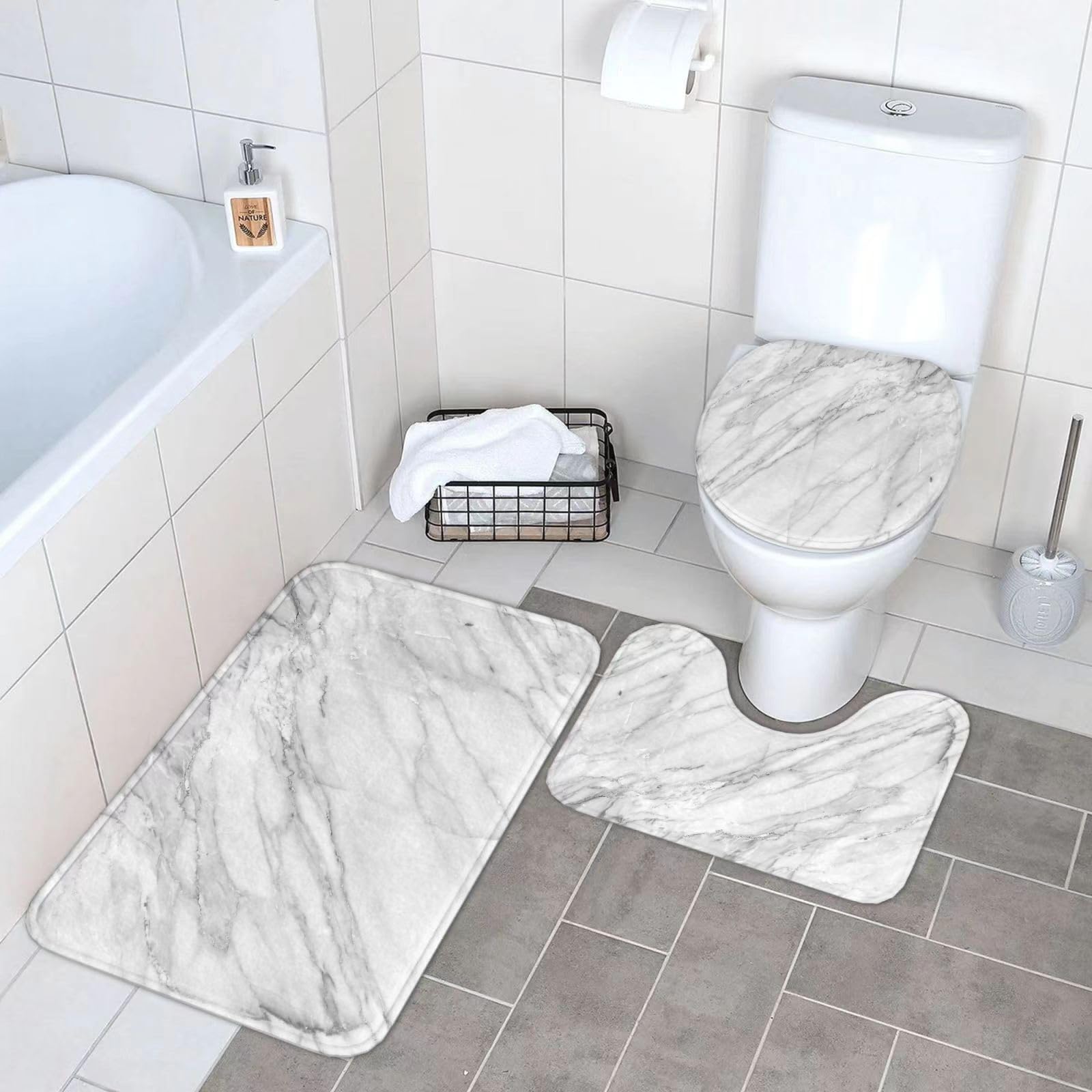 Set di 3 tappetini da Bagno, Lavabili in Lavatrice e Antiscivolo, tappetini in Morbida Fibra Superfine, Effetto Marmo, Sfondo Effetto Marmo.