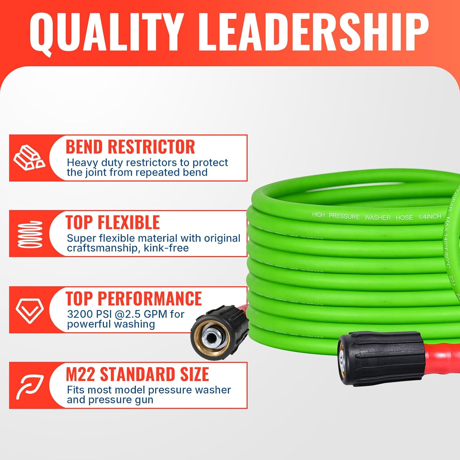 YAMATIC Pressure Washer Gun and Hose, 25 FT Flexible Hose with Stainless Steel Extension Power Washer Wand, 3/8" Swivel Quick Connect & M22-14mm Adapter Replacement for Ryobi Simpson Honda (Green)