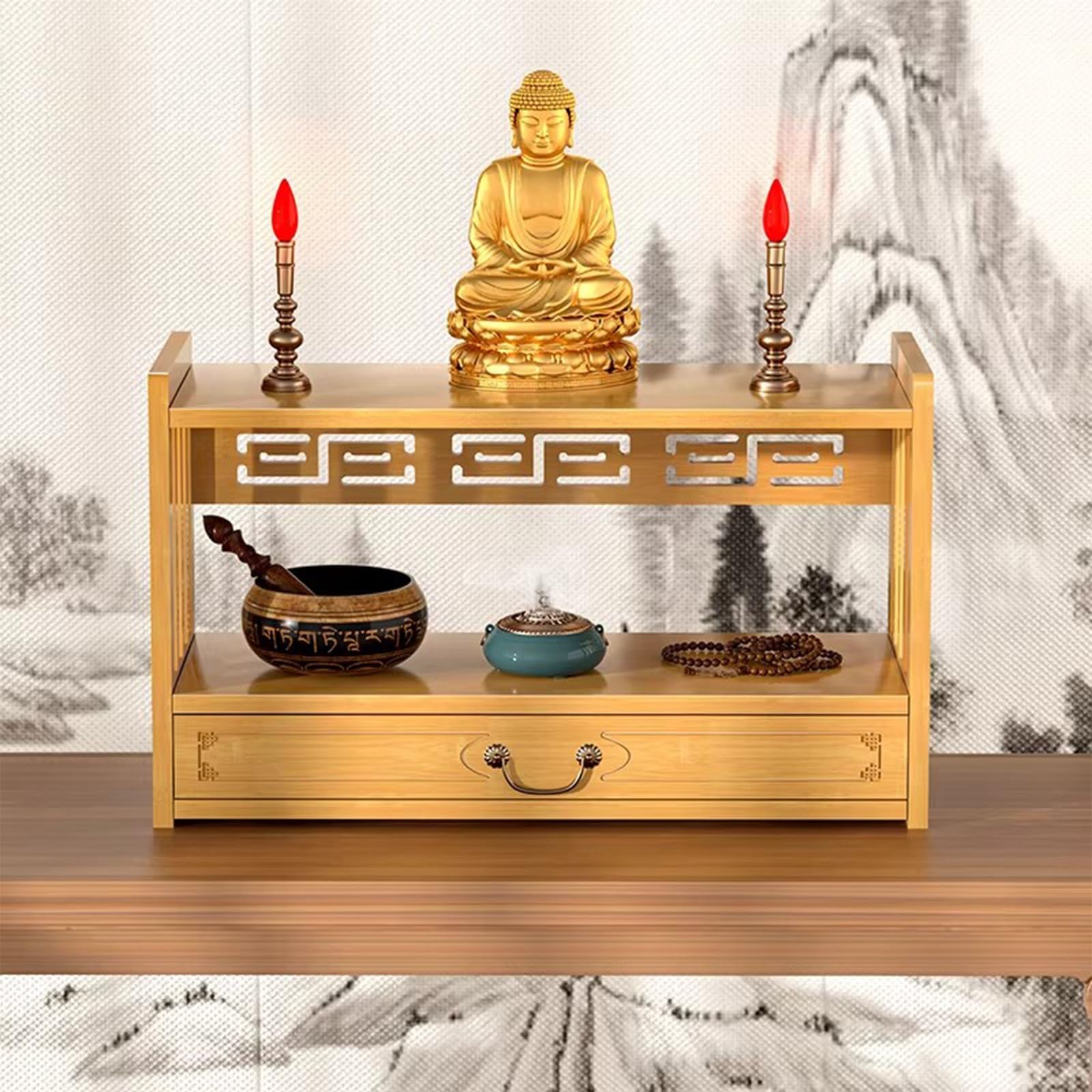 LSOPCYE Altar Table With Drawer, Bamboo Meditation Shrine Table