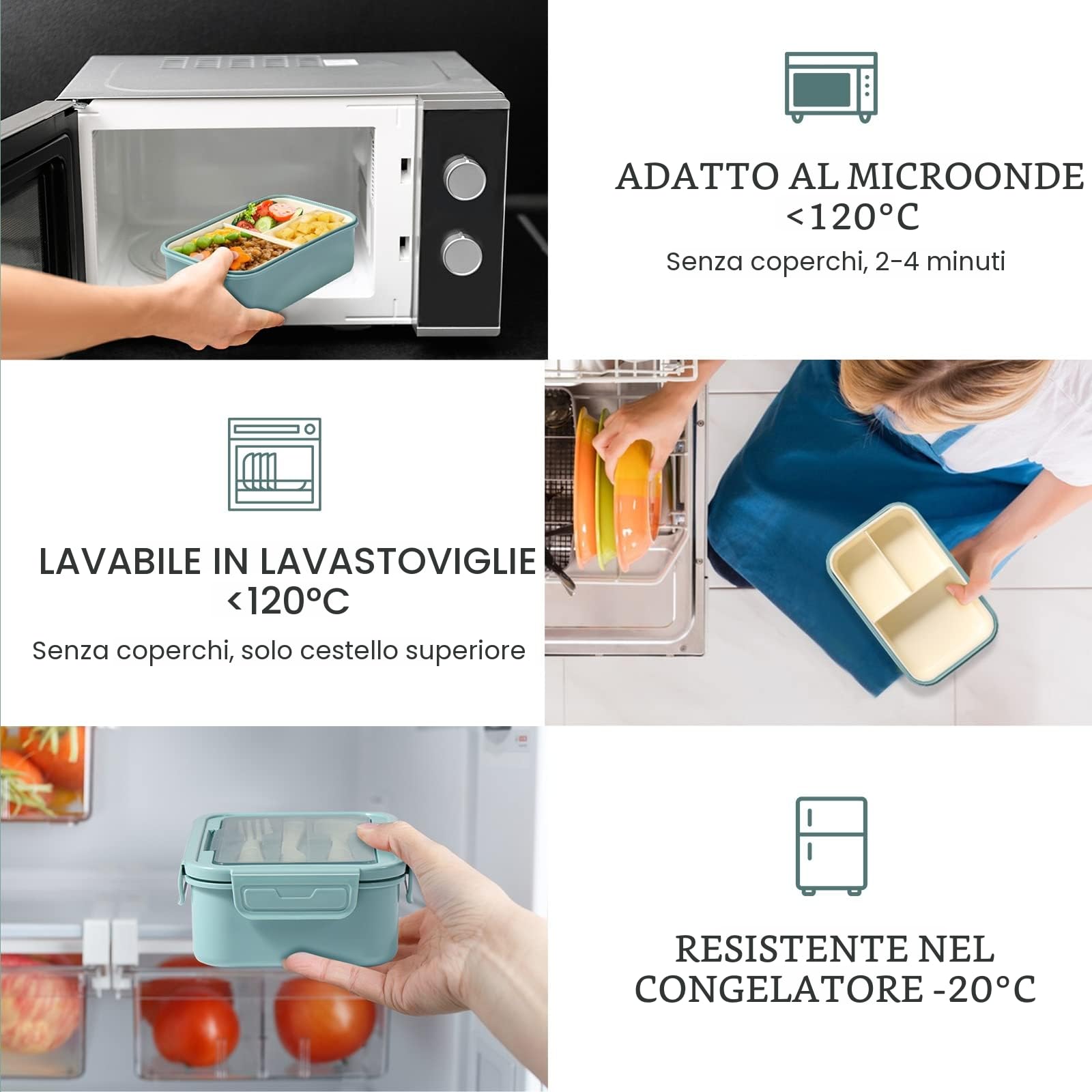 Diboniur Lunch Box, Porta Pranzo con Posate, 1400ml Bambino Adulto Bento Box con 3 Scomparti, Schiscetta Contenitore Pranzo per Microonde Lavoro Picnic Ufficio (Blu)