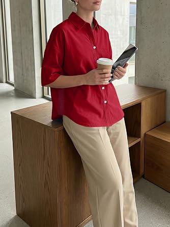 Cicy Bell Womens Oversized Button Down Shirts Half Sleeve Collared Tops