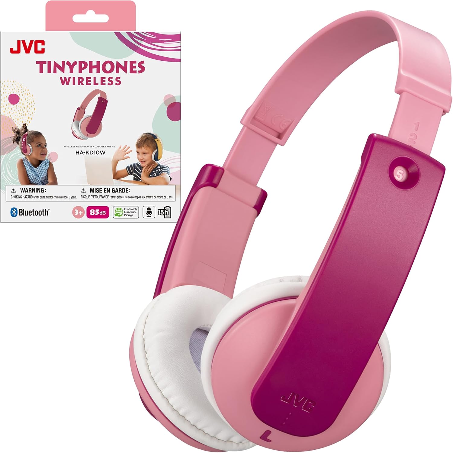 JVC Bluetooth Kids Headphones, 16 Hours Play time, Active Volume Limiter, Comfortable and Easy-to-Clean Soft Ear Pads, 7-Step Length Adjuster, Fun Stickers Included - HAKD10WP (Pink)