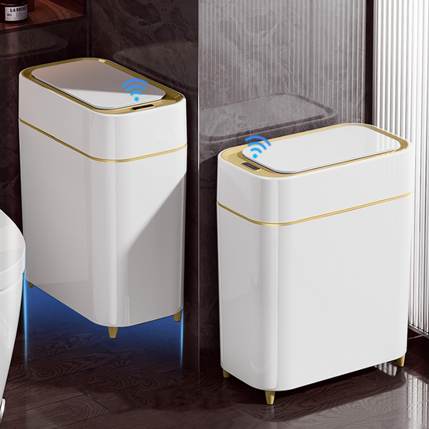 Photo 1 of 2-Pack Automatic Bathroom Trash Can with Lid, Slim Motion Sensor Garbage Can, Waterproof Touchless Trash Bin, Smart Trashcan for Bedroom, Living Room, Narrow Space, 2.3 Gallon, White+Gold Trim