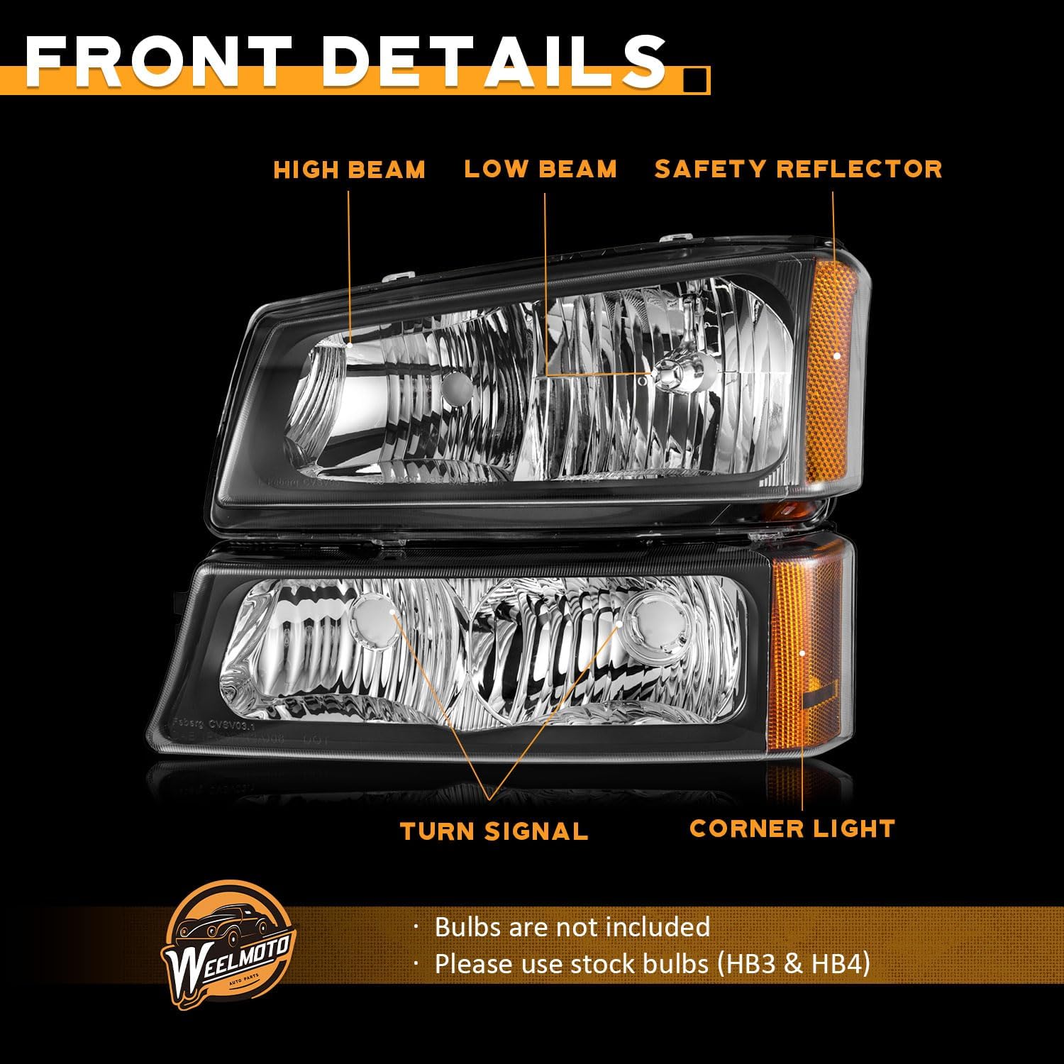 WEELMOTO Headlights Compatible with 2003-2007 Chevy Silverado 1500/2500/3500/1500HD/2500HD, For 03 04 2005 2006 Chevy Avalanche 1500/2500 Pickup, Black Housing Amber Reflector Driver&Passenger Side