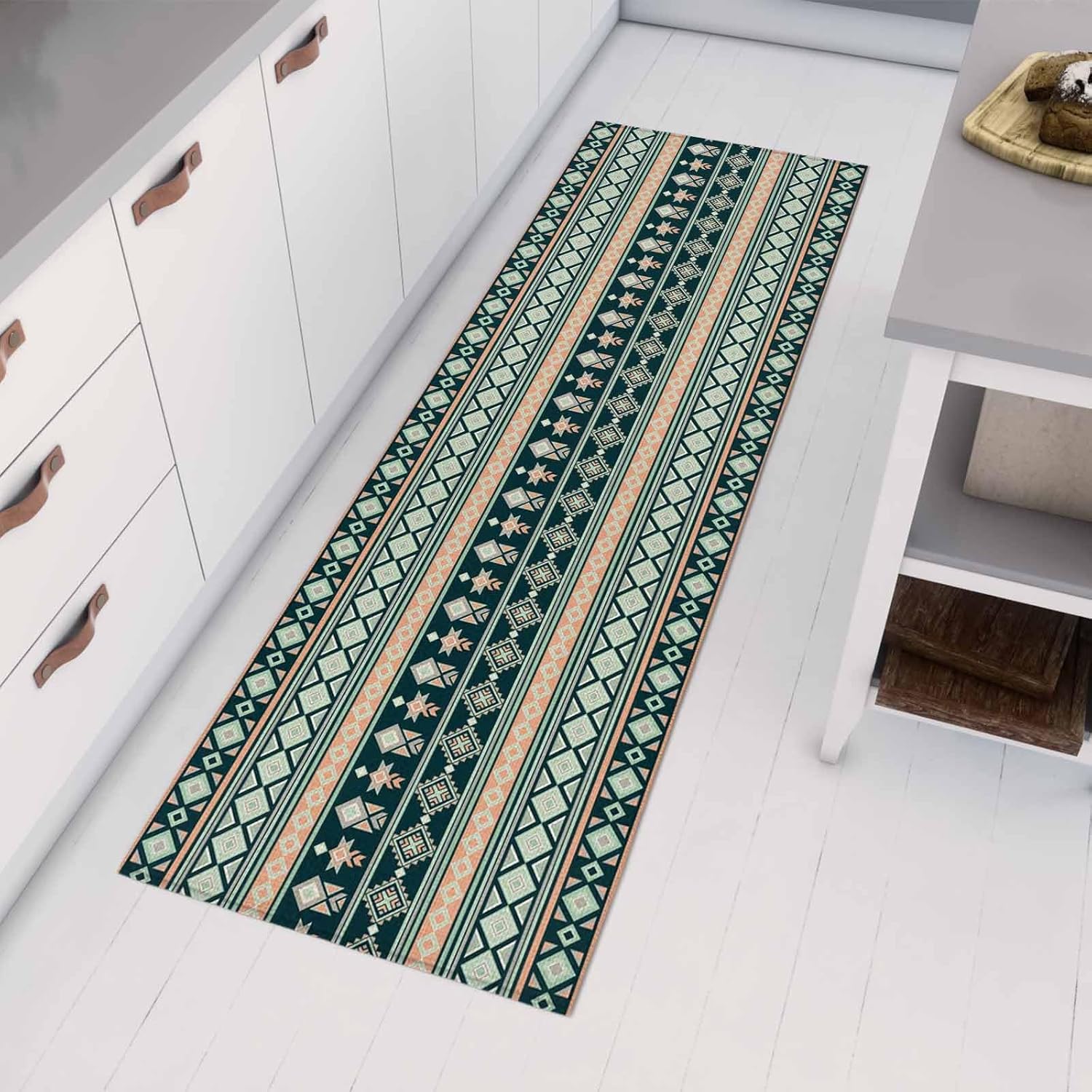 Teamery Kitchen Mats for Floor Green Stripes Vintage Boho Washable Non Slip Kitchen Rugs 1PCS, Abstract Geometric Art Absorbent Standing Mats for Sink Bathroom Office Living Room 23.6x70.9in