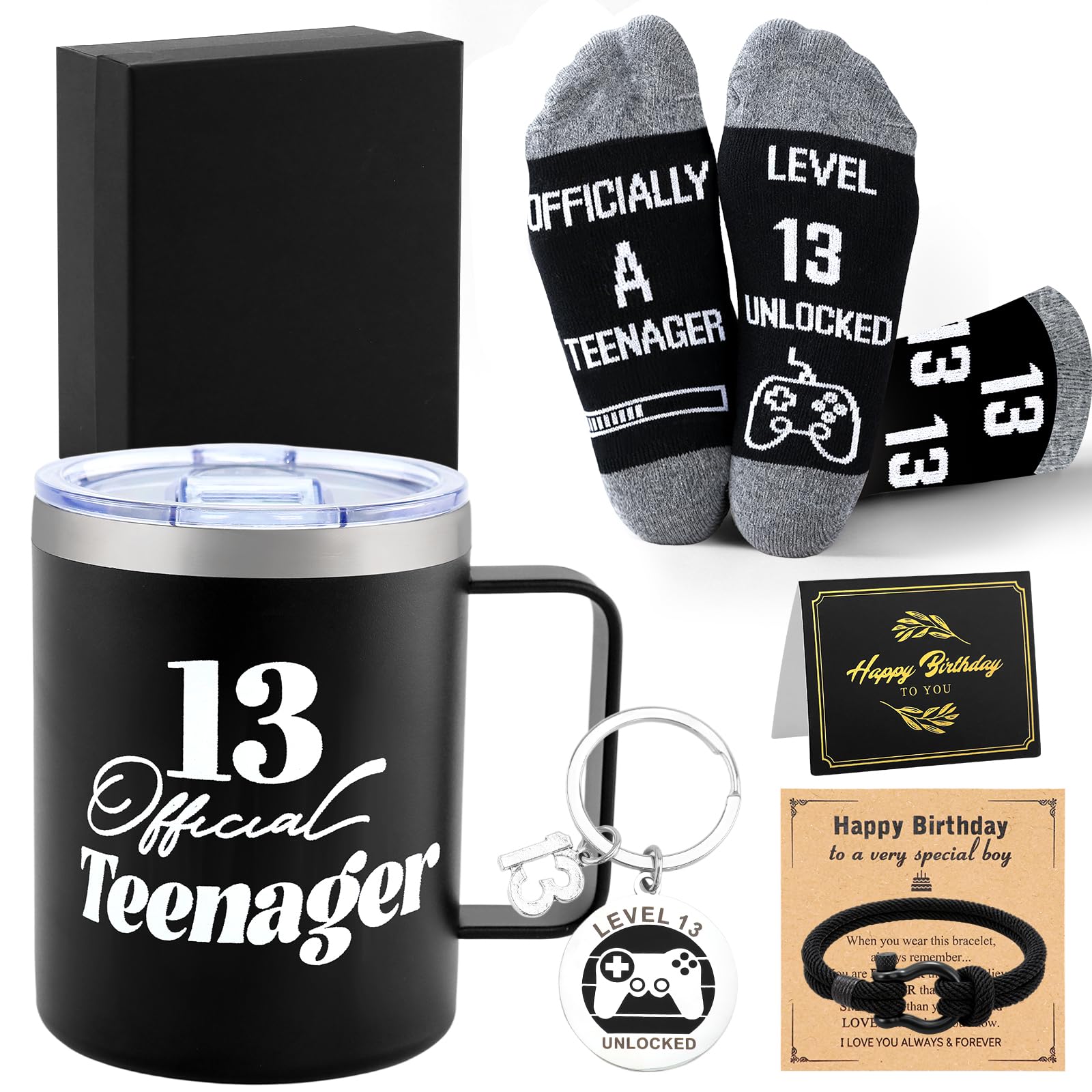 13th Birthday Gifts for Boys – Level 13 Unlocked Gift Set with Insulated Tumbler, Bracelet, Socks, Keychain & Card in Black Box – Cool Teenage Boy Gifts, Gamer Presents for Son, Brother or Friends