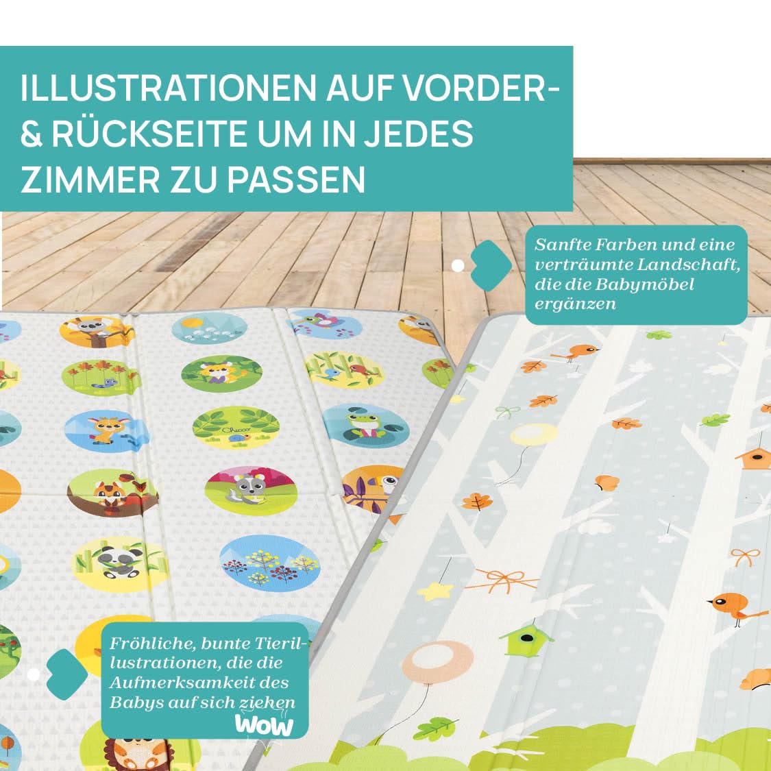 Chicco Krabbelmatte Baby, Extra groß, 200x180 cm, Stärke 1.3 cm, wenbare Spielmatte Baby, mit Tieren und Landschaft, Double Face, faltbar, Superweich und farbenfrohes, für das Kinderzimmer, 0+ Monate