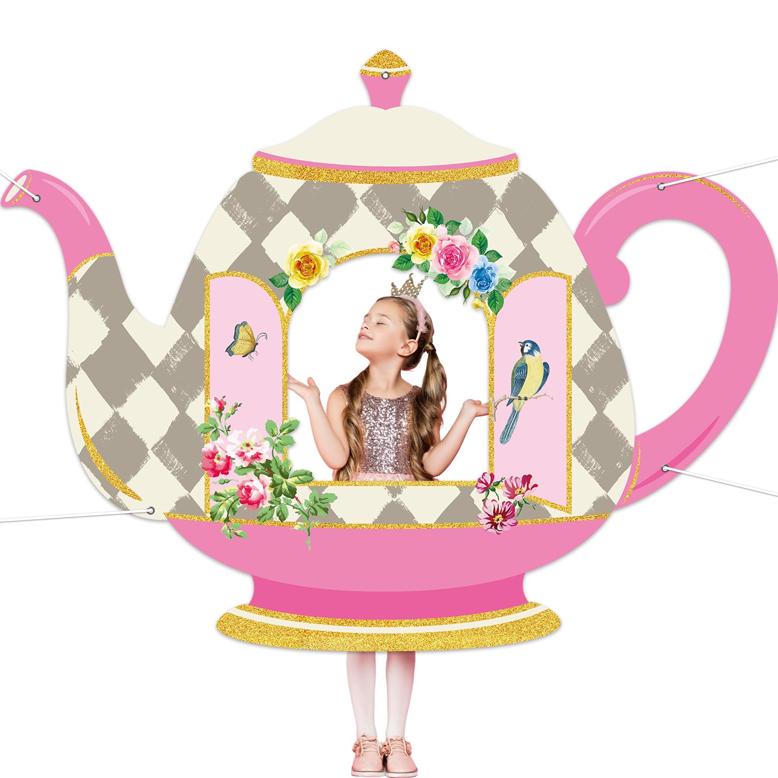 Photo 1 of Wonderland Party Decorations Teapot Photo Booth Props Tea Pot Shaped Picture Frame Backdrop Teapot Keepsake Photos Background Banner Tea Party Photo Props for Kids Birthday Wedding Parties Supplies