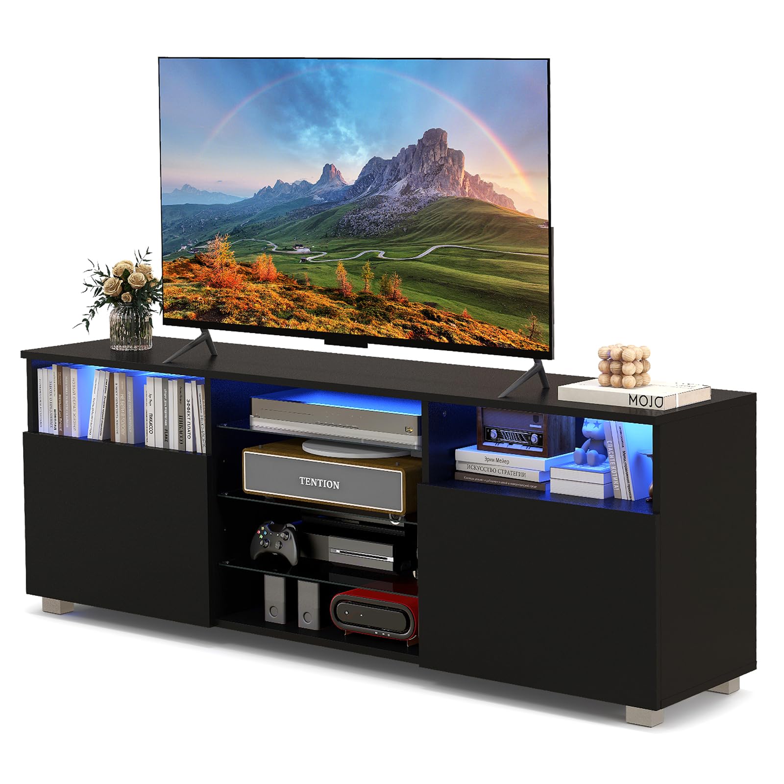 COSTWAY LED TV Stand Cabinet for 65 inch TVs, Wooden Entertainment Center with RGB LED Lights, Adjustable Glass Shelves and 2 Doors, 146cm Console Table Unit for Living Room (Black)