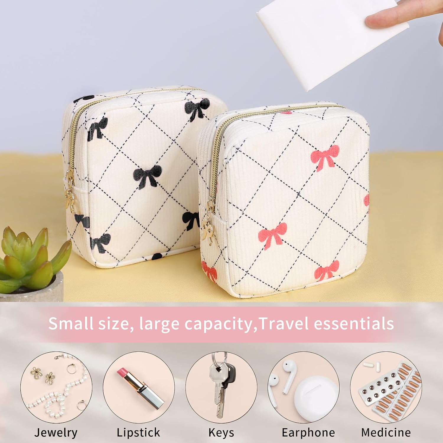 Period Bag for Women - Cute Corduroy Sanitary Napkin Storage Bag with Bow Design | Period Pouch for Daily Use, Travel | Discreet Menstrual Pouch | Pad Bags for Period Holds Pads, Tampons image 4