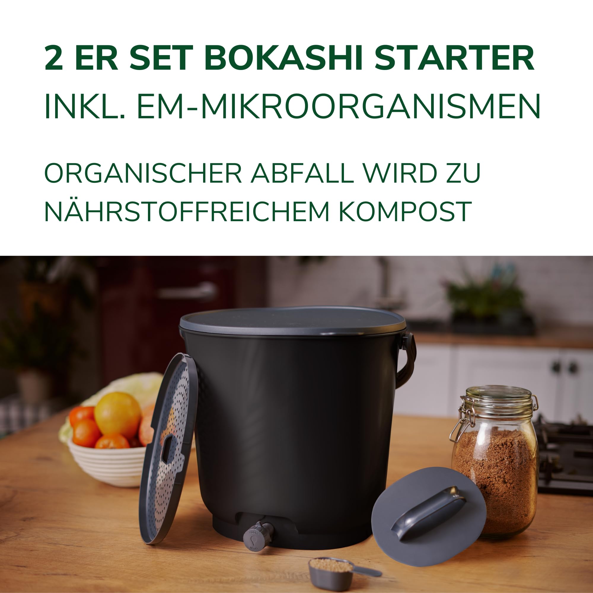 Natursache I Effektiver Biomülleimer für die Küche | Bokashi Eimer Starterset & fermentierende Mikroorganismen | Geruchlos & nachhaltig | Fermentieren leicht gemacht (schwarz)