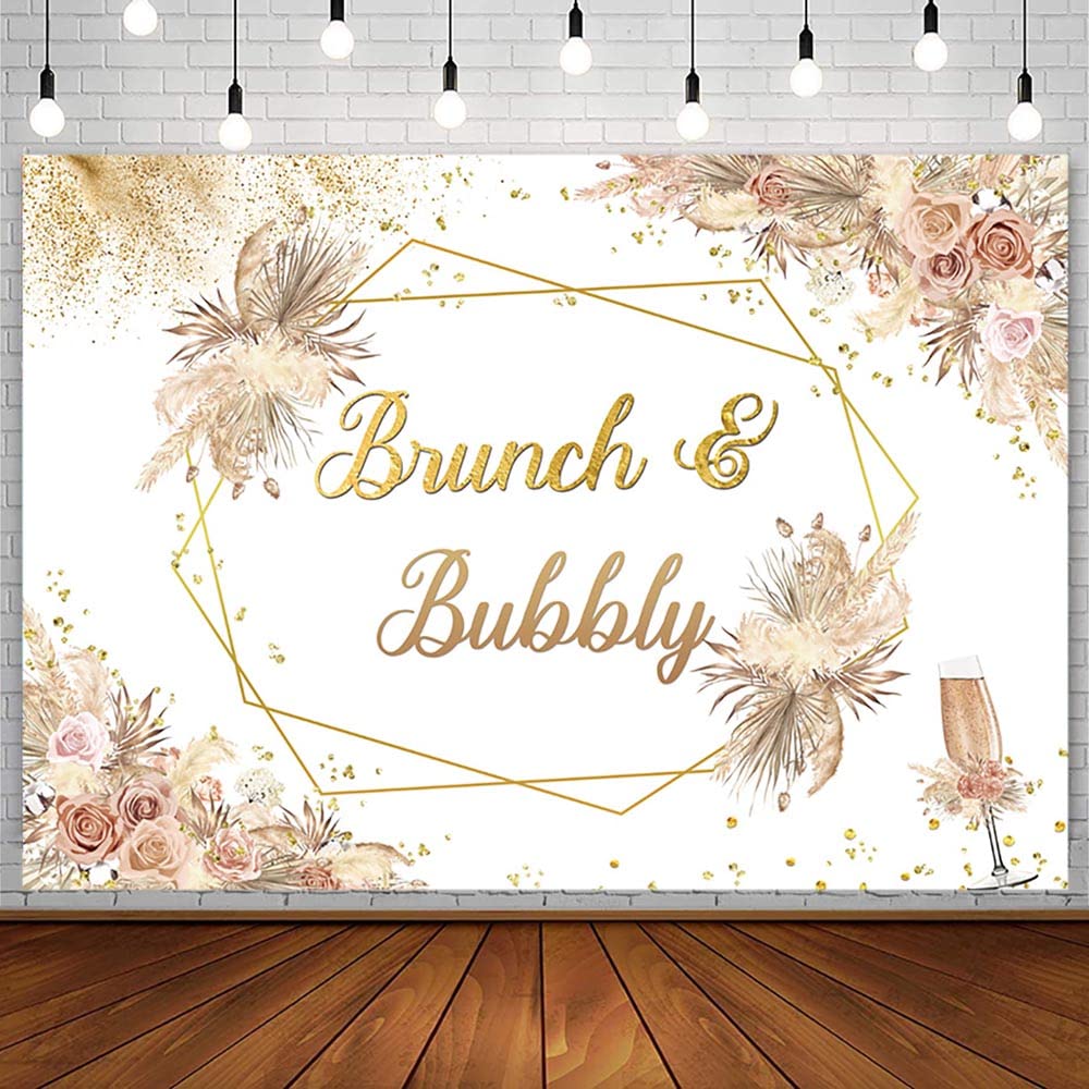 SENDY 7x5ft Boho Brunch and Bubbly Backdrop Bridal Shower Party Decorations Supplies Wedding Bachelorette Banner Bohemia Floral Pampas Gold Champagne
