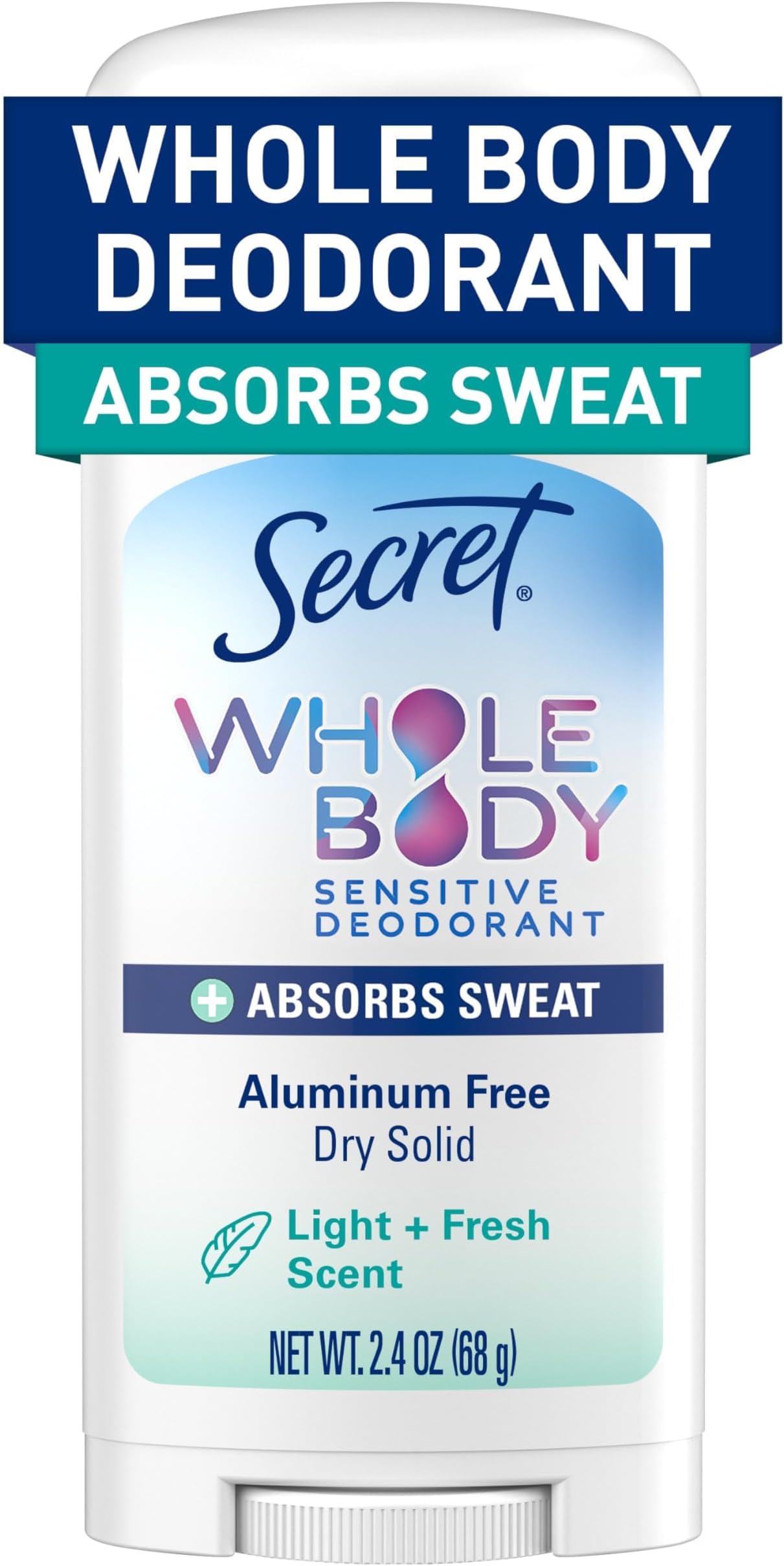 Whole Body Deodorant Dry Feel Stick + Absorbs Sweat for Women, Naturally Derived Ingredients, Light & Fresh Scent, Aluminum Free Deodorant Stick, 72 HR Odor Protection, 2.4 oz