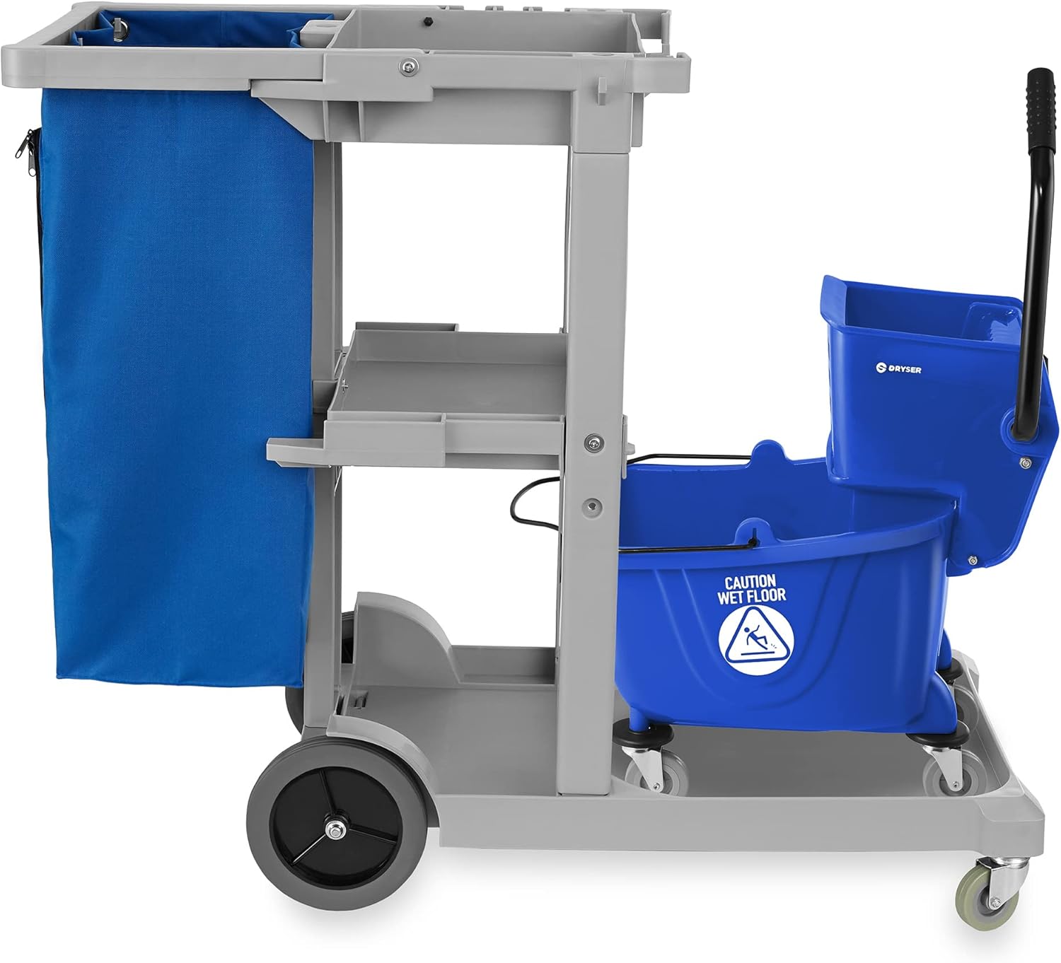 Dryser Commercial Janitorial Cleaning Cart on Wheels with Shelves and Vinyl Bag & Commercial Mop Bucket with Side Press Wringer, 26 Qt. Blue