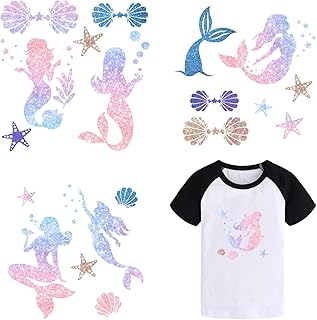 SUPERDANT 4 Pcs PET Dreamy Mermaid Shell Iron-on Heat Transfer Stickers Iron On Patches Washable Heat Transfer Stickers Cl...