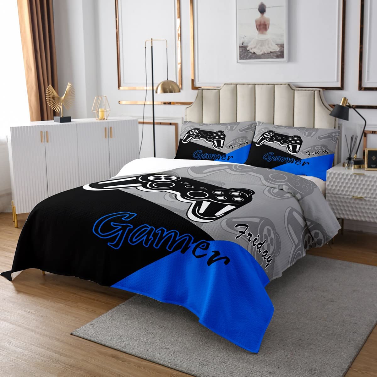 Gaming Bedding Set for Teens Boys Blue and Black Gamer Bedspread Video Gamepad Home Decor Game Controller Quilt Sets Kids (Single,Grey Blue) Toddler 2 Pieces 1 Coverlet Set including 1 Pillowcases - Image 3