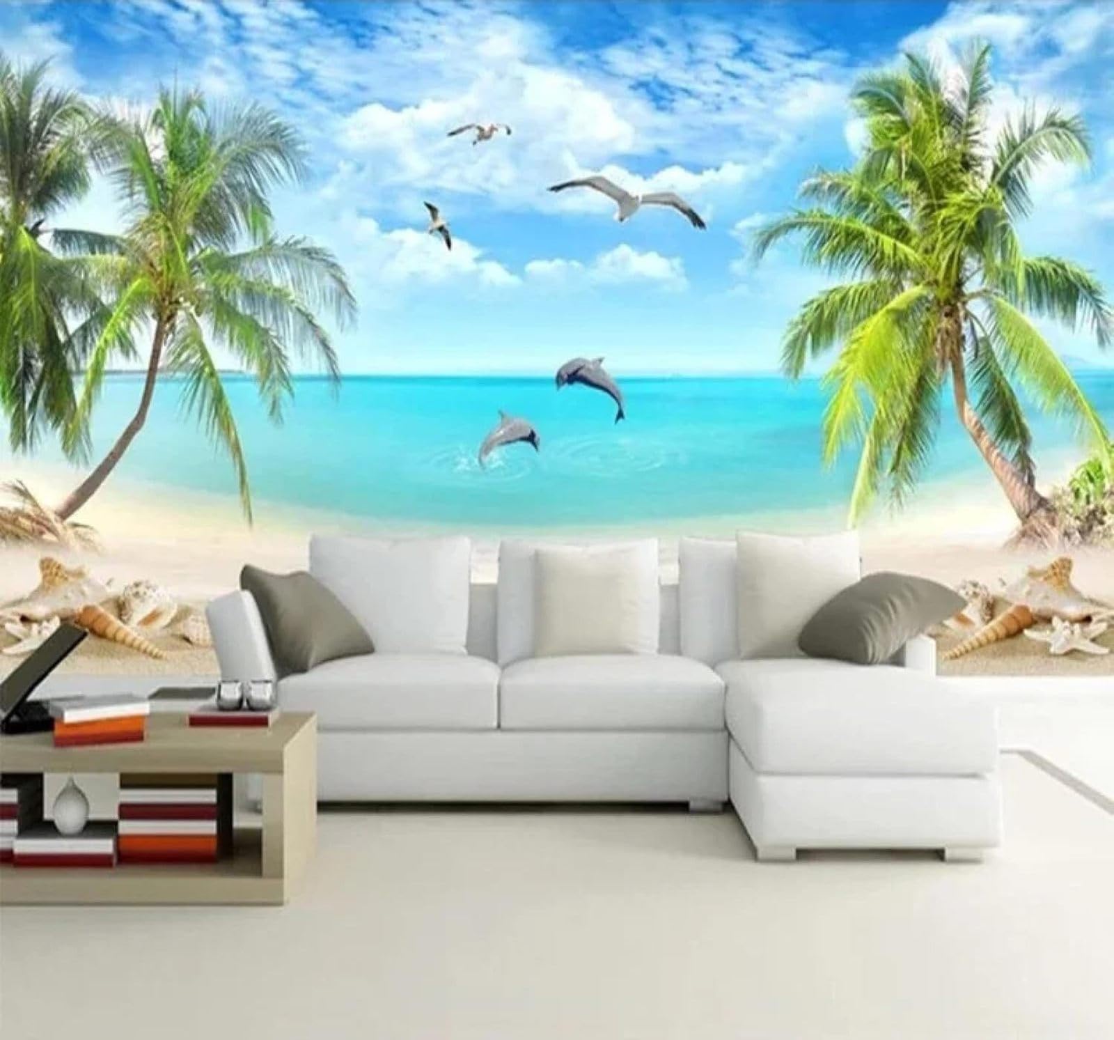 XLMING Fresh Beautiful Coconut Trees Beach Seascape 3D Wallpaper Premium Textured Silk Study Dining Living Room Bedroom Sofa TV Wall Easy Install-400cm×280cm