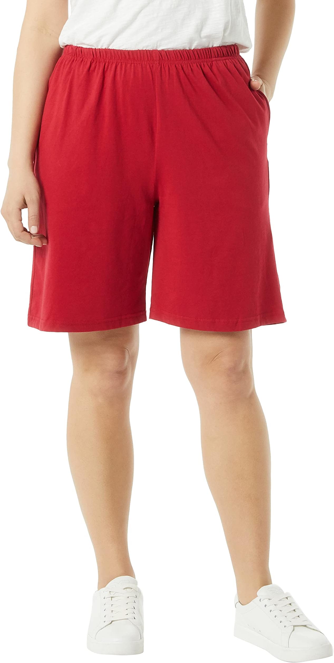 AmeriMark Women’s Shorts - Full Elastic Waist Athletic Bermuda Shorts - Ladies 100% Cotton Pull-On Golf Shorts with Pockets Red 4X