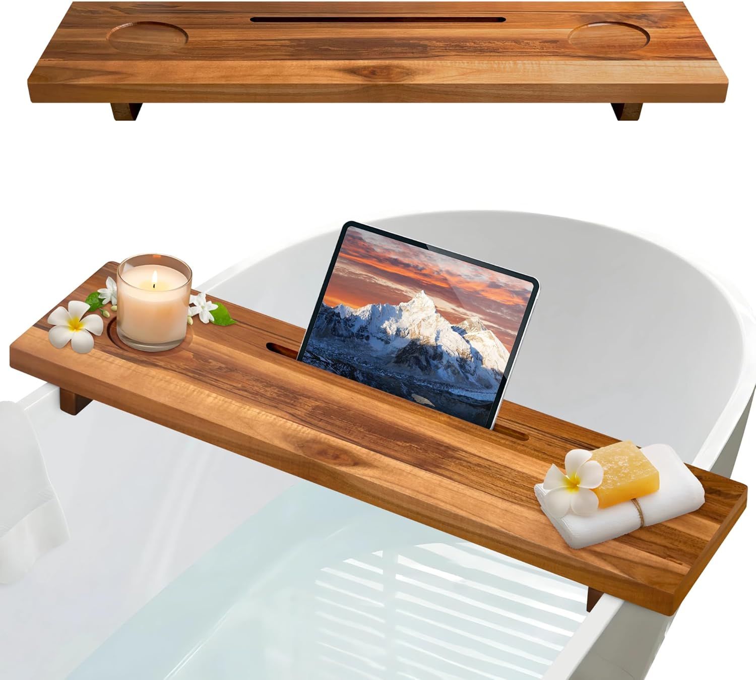 Bathtub Tray for Standard Tubs – 29" Adjustable Teak Wood Bath Caddy | Anti-Tip, Non-Toxic, Waterproof, Sustainable Bath Tray Organizer for Relaxing Spa & Home Use