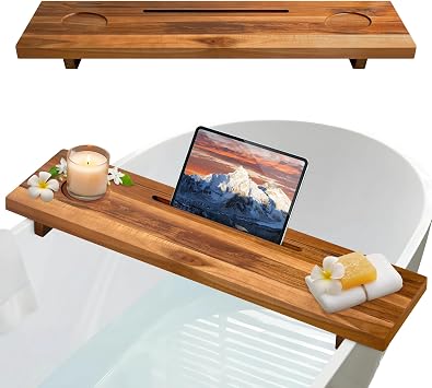 Bathtub Tray for Standard Tubs 29" Adjustable Teak Wood Bath Caddy | Anti-Tip, Non-Toxic, Waterproof, Sustainable Bath Tray Organizer for Relaxing Spa & Home Use