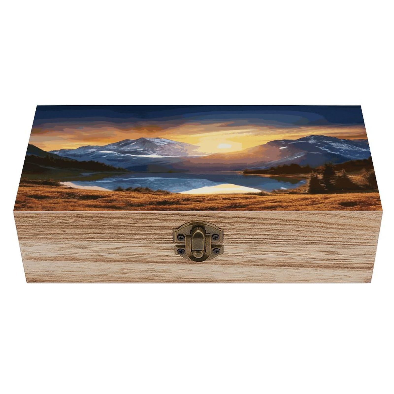 JTREHY Mountain Sunrise Wooden Keepsake Box Vintage-Style Wood Keepsake Case with Hinged Lid Solid Wood Boxes Beautifully Memory Treasure Case Vintage-Style Wooden Storage Box