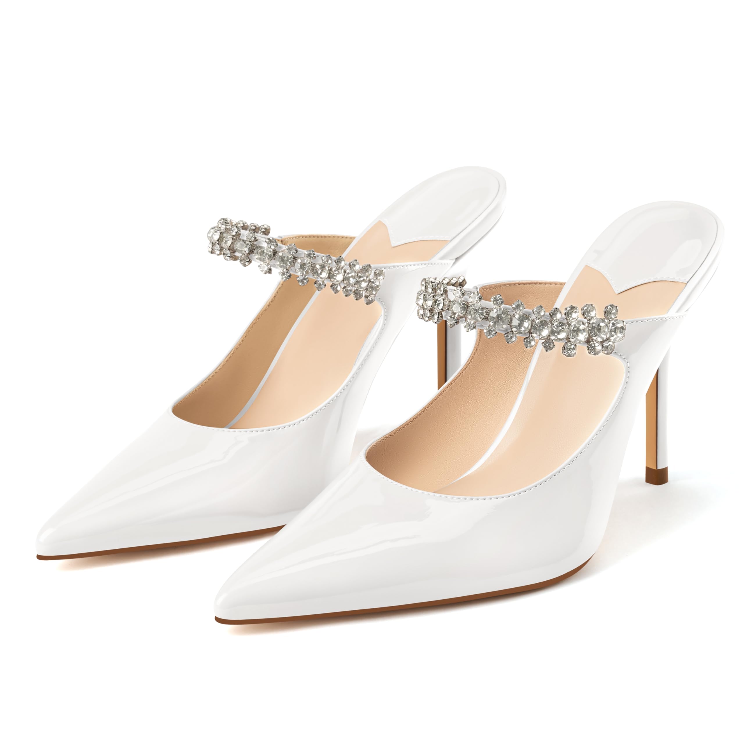 MIRAAZZURRA Women Heeled Mules Rhinestone Strappy Pointed Toe Mules Stiletto High Heels Slip On Bridal Sandals for Women